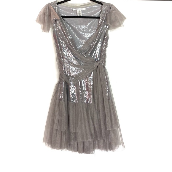 DVF Yadira Silver Sequin Tulle Runway Wrap Dress - Picture 2 of 7